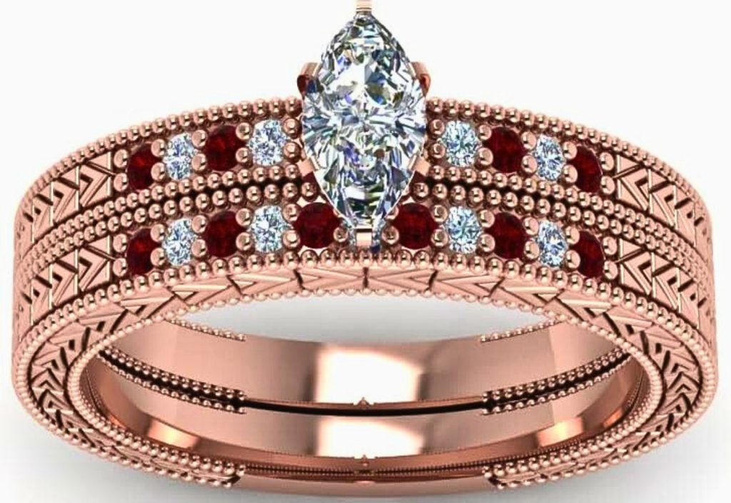 Antique Design Pave Wedding Ring Set Rose gold-plated Marquise Shape Milgrain Engagement Rings