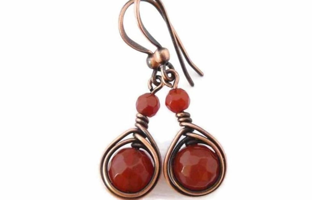 Handcrafted Solid Copper Earrings with red coral Gemstone